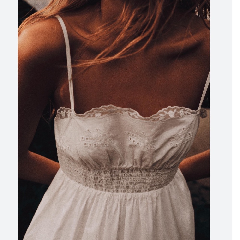 Zara White Eyelet NWT Lace Empire Waist Maxi Dress XL Boho Ethereal Romantic - Picture 2 of 6